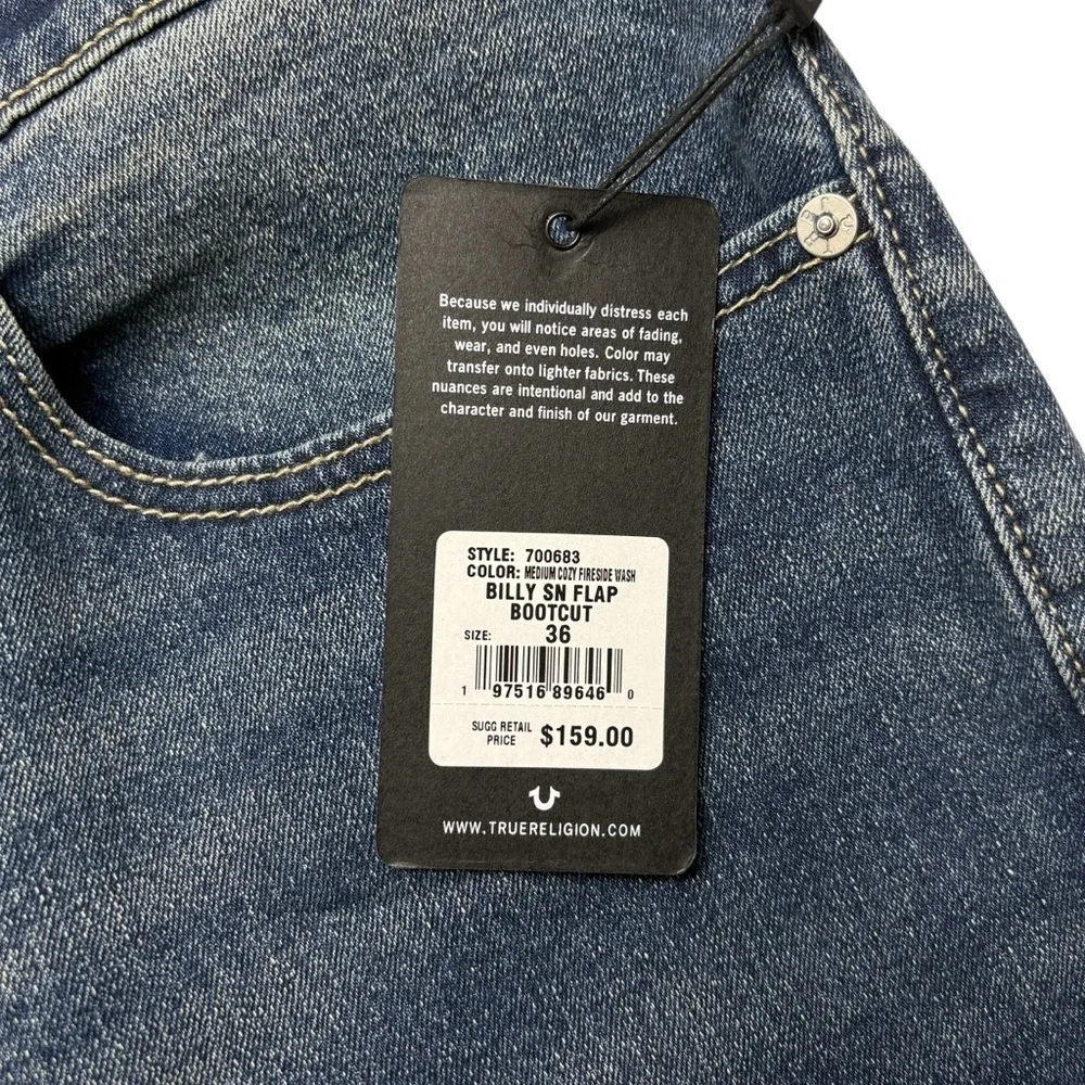 NEW True Religion Billy Flap Bootcut Jeans Size 36 Blue Relaxed Fit 36 x 33.5